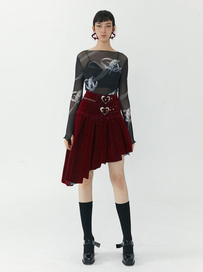 QUORRA S CHORD Flocked Red Velvet Heart Buckle Asymmetric Rock Women&