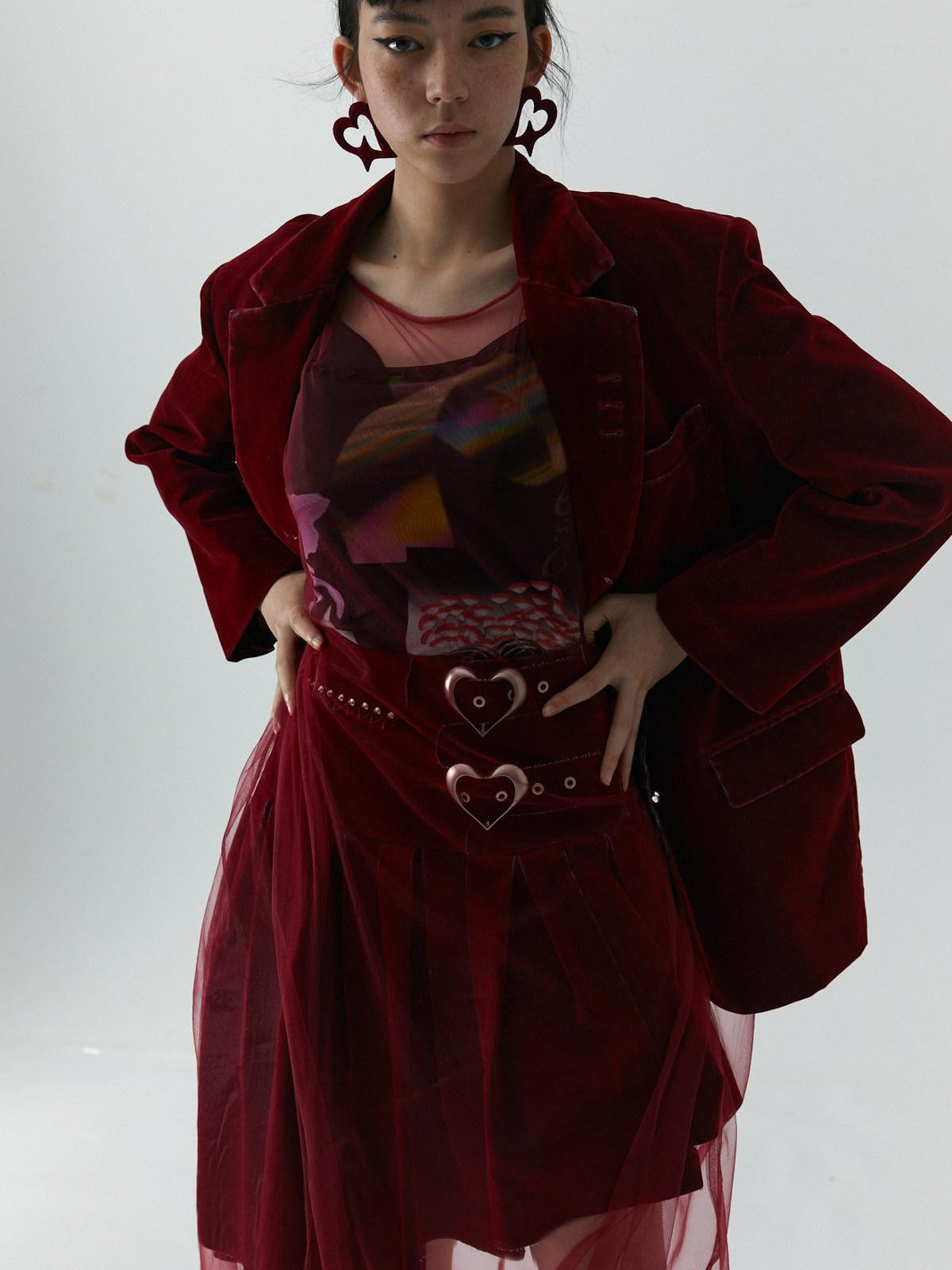 QUORRA S CHORD Flocked Red Velvet Heart Buckle Asymmetric Rock Women&