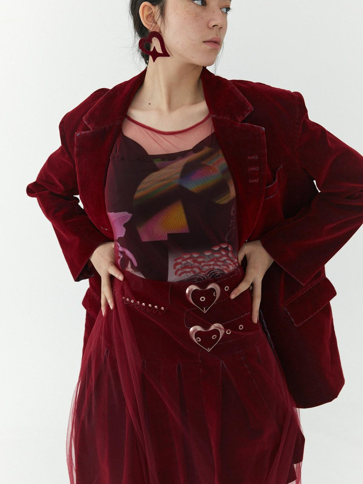 QUORRA S CHORD Flocked Red Velvet Heart Buckle Asymmetric Rock Women&