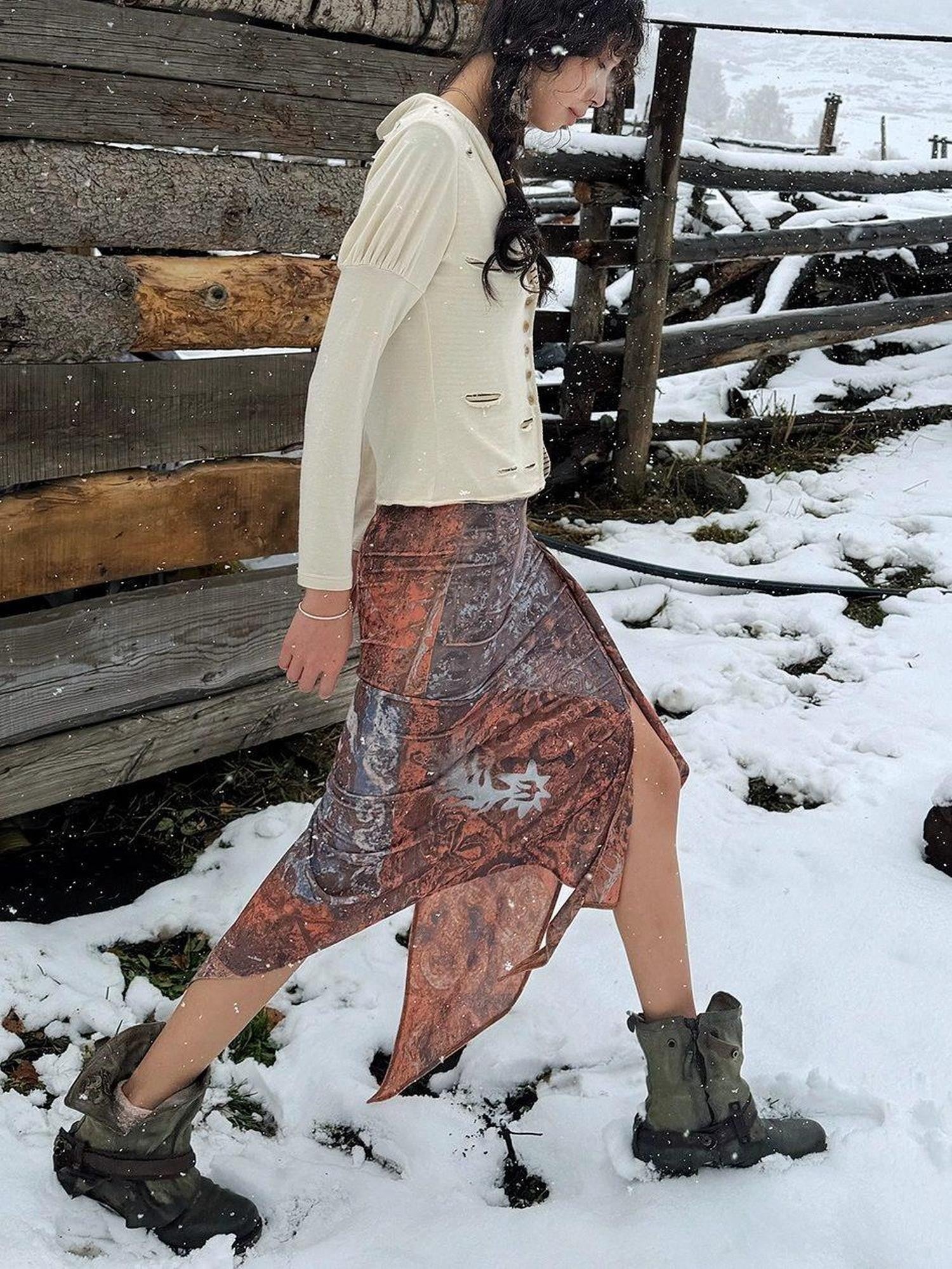 QUORRA S CHORD Flowing Asymmetrical Kazakh Print Slimming Women&