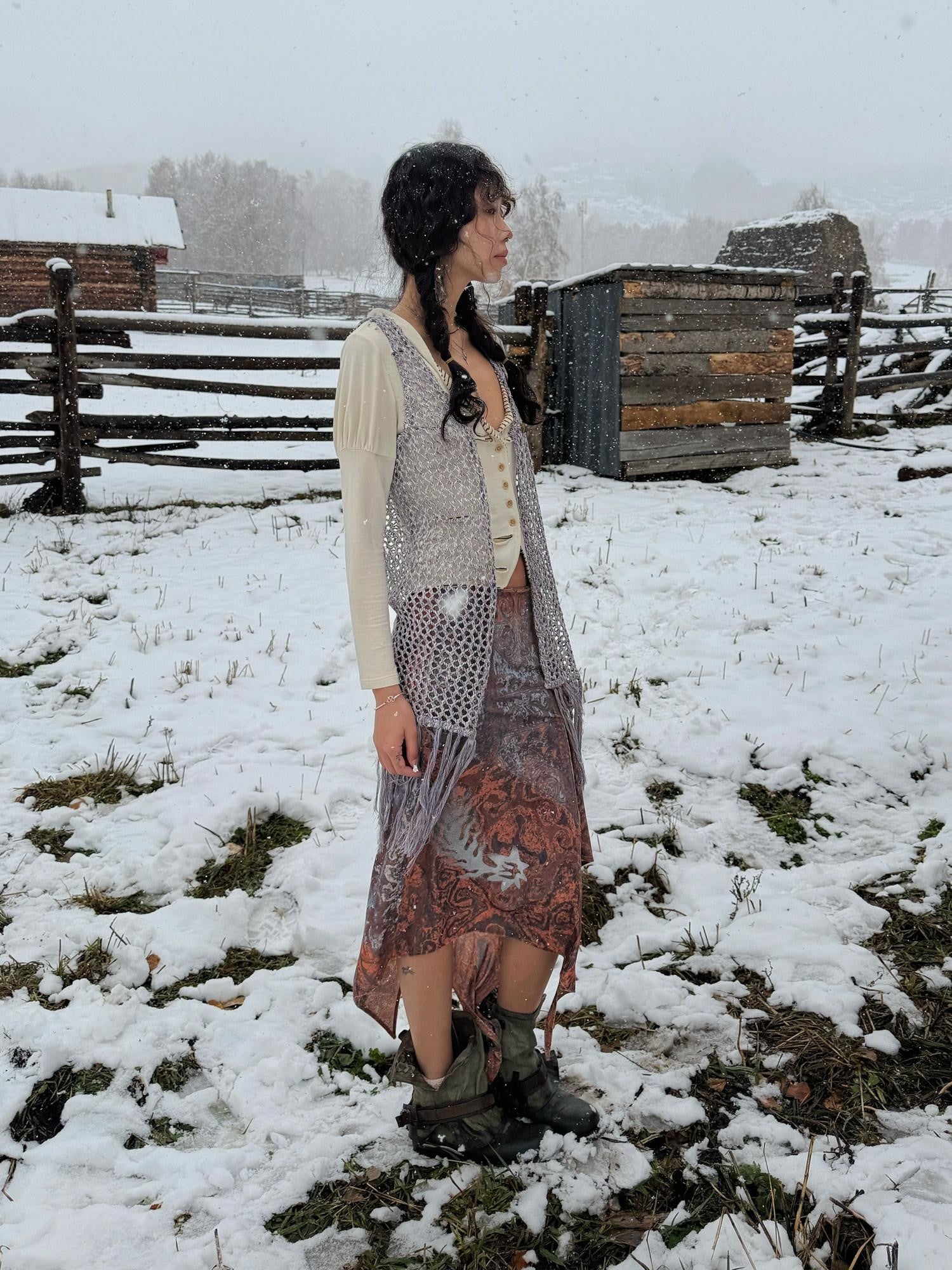 QUORRA S CHORD Flowing Asymmetrical Kazakh Print Slimming Women&