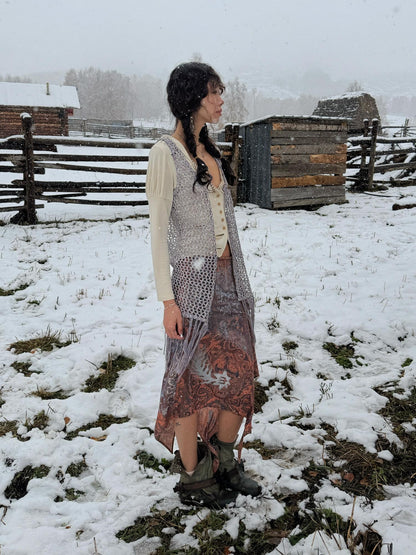 QUORRA S CHORD Flowing Asymmetrical Kazakh Print Slimming Women&