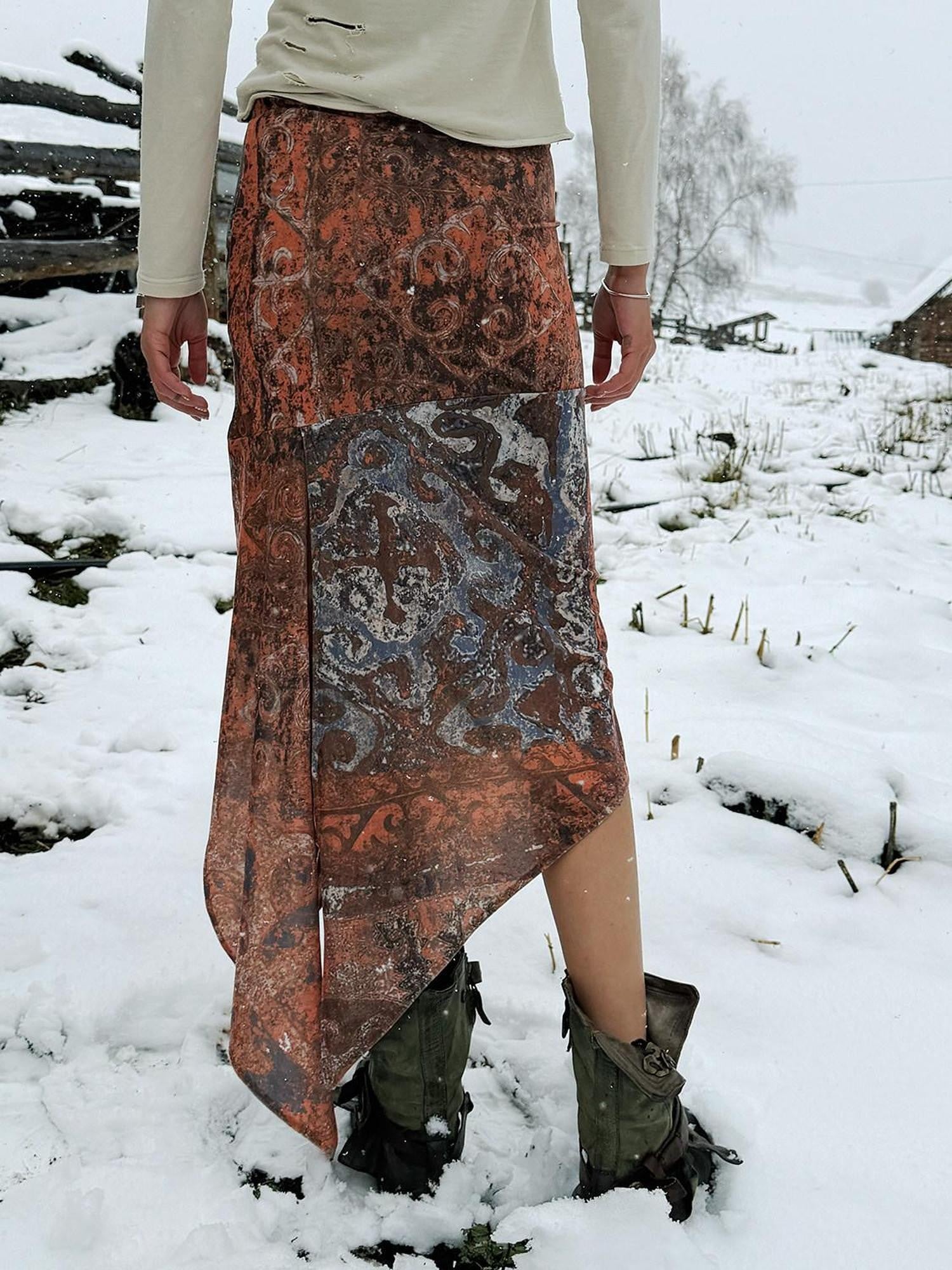 QUORRA S CHORD Flowing Asymmetrical Kazakh Print Slimming Women&