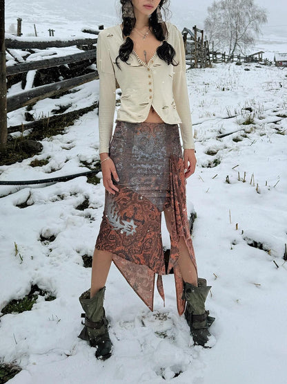 QUORRA S CHORD Flowing Asymmetrical Kazakh Print Slimming Women&