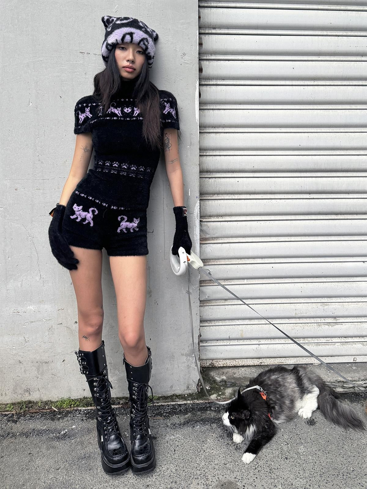 QUORRA S CHORD Fuzzy Embroidered Jacquard Kitten High Neck Women&