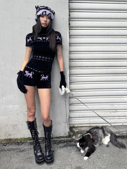 QUORRA S CHORD Fuzzy Embroidered Jacquard Kitten High Neck Women&