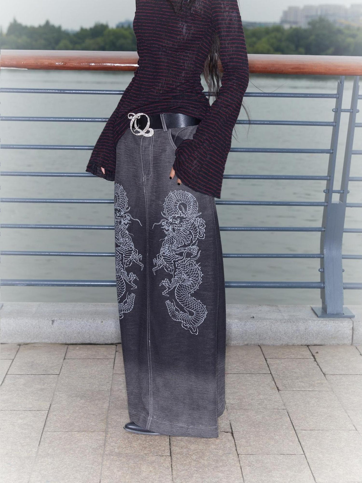 QUORRA S CHORD Gradient Wash Flying Dragon Print Slit Low Rise A Line Women&