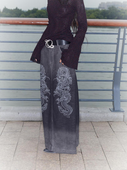 QUORRA S CHORD Gradient Wash Flying Dragon Print Slit Low Rise A Line Women&