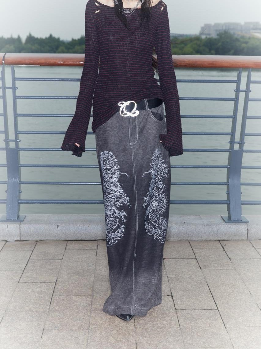 QUORRA S CHORD Gradient Wash Flying Dragon Print Slit Low Rise A Line Women&