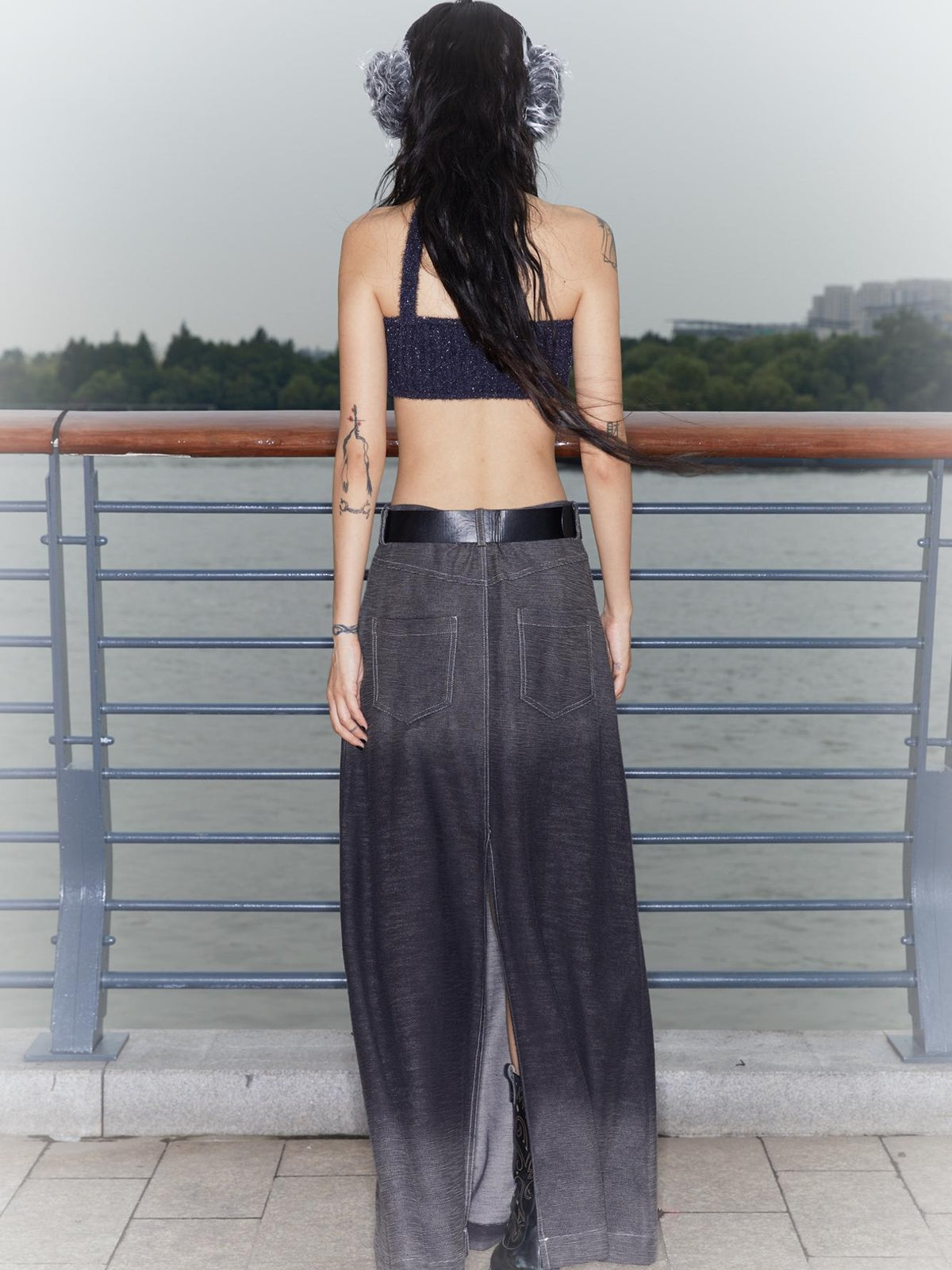 QUORRA S CHORD Gradient Wash Flying Dragon Print Slit Low Rise A Line Women&