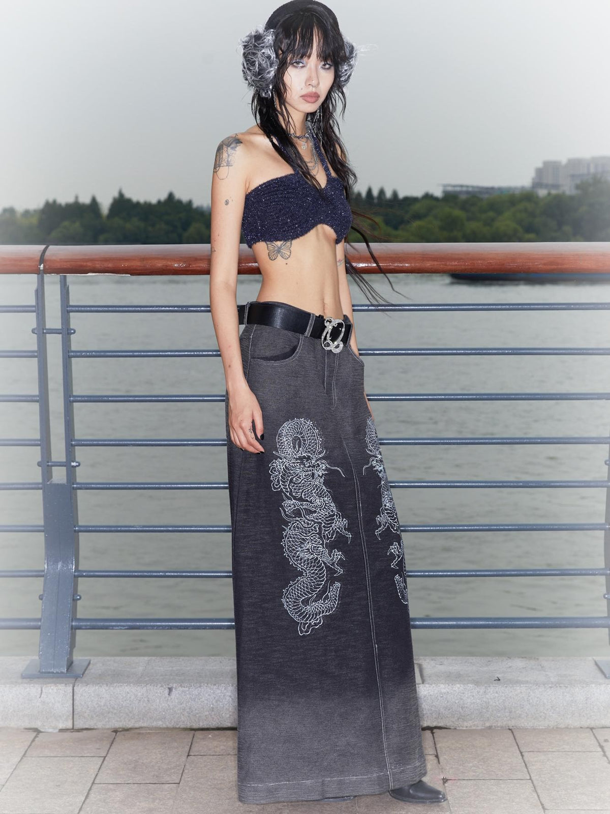 QUORRA S CHORD Gradient Wash Flying Dragon Print Slit Low Rise A Line Women&