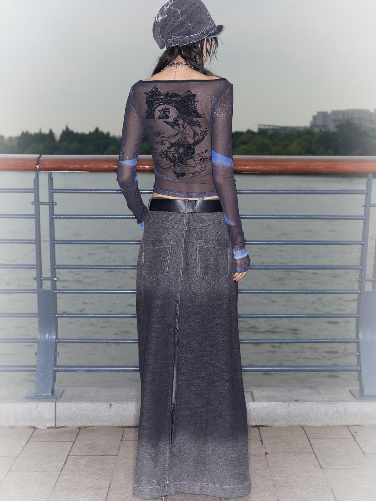 QUORRA S CHORD Gradient Wash Flying Dragon Print Slit Low Rise A Line Women&