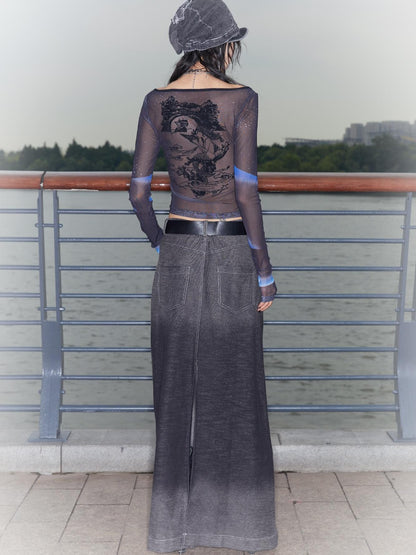 QUORRA S CHORD Gradient Wash Flying Dragon Print Slit Low Rise A Line Women&