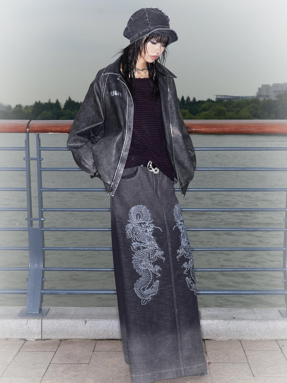 QUORRA S CHORD Gradient Wash Flying Dragon Print Slit Low Rise A Line Women&