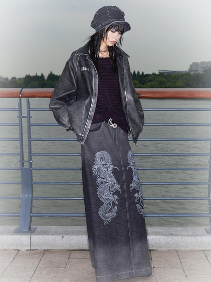 QUORRA S CHORD Gradient Wash Flying Dragon Print Slit Low Rise A Line Women&