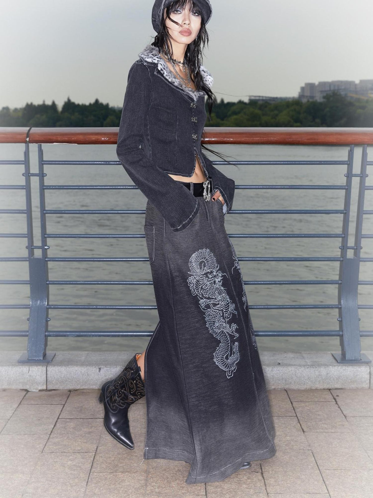 QUORRA S CHORD Gradient Wash Flying Dragon Print Slit Low Rise A Line Women&