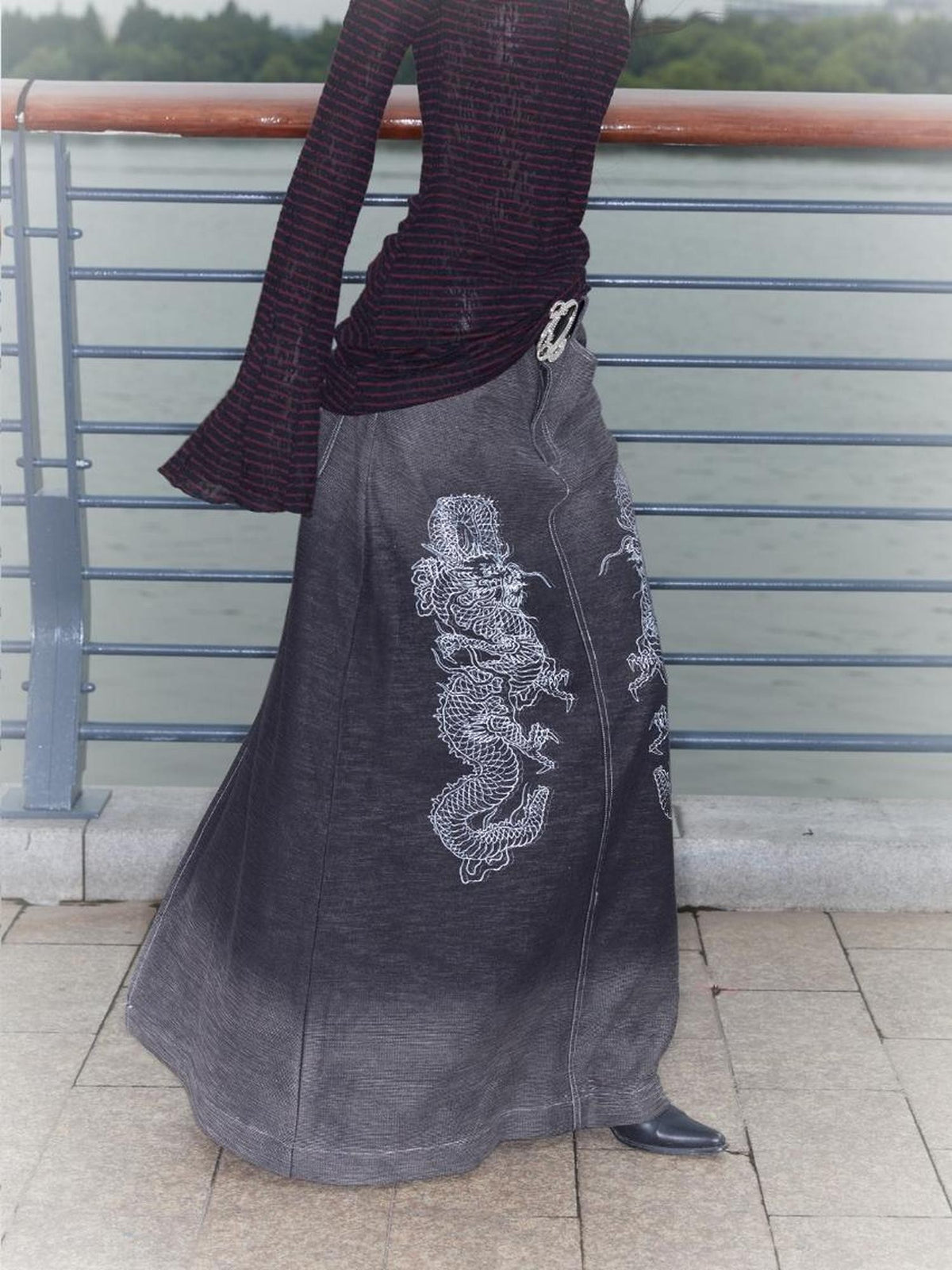 QUORRA S CHORD Gradient Wash Flying Dragon Print Slit Low Rise A Line Women&