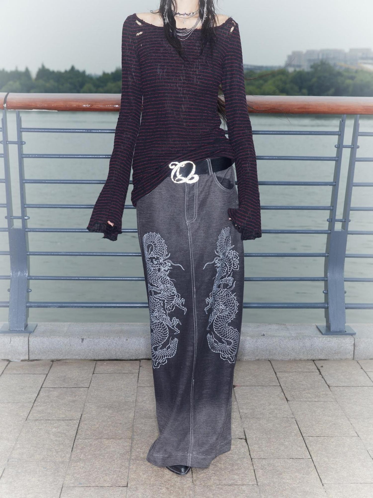 QUORRA S CHORD Gradient Wash Flying Dragon Print Slit Low Rise A Line Women&