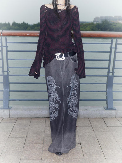 QUORRA S CHORD Gradient Wash Flying Dragon Print Slit Low Rise A Line Women&