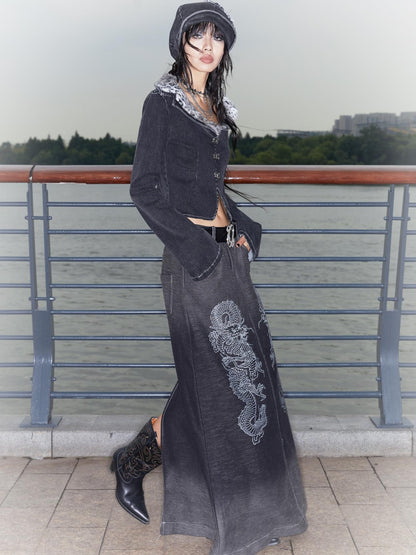 QUORRA S CHORD Gradient Wash Flying Dragon Print Slit Low Rise A Line Women&