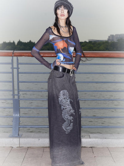QUORRA S CHORD Gradient Wash Flying Dragon Print Slit Low Rise A Line Women&