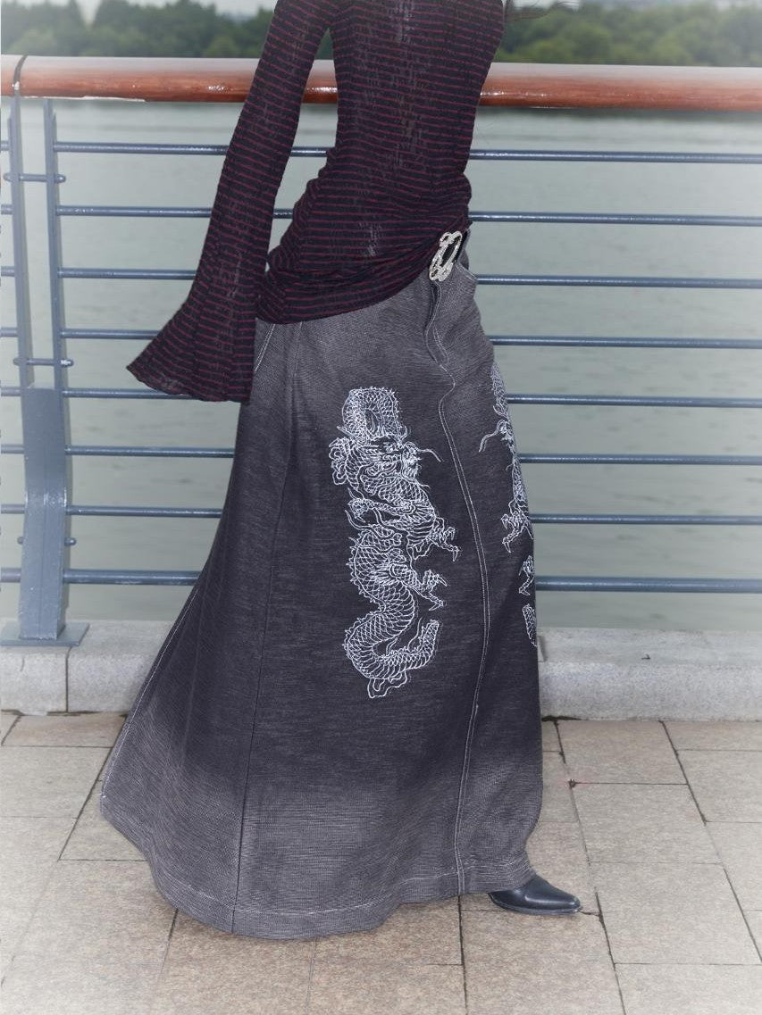 QUORRA S CHORD Gradient Wash Flying Dragon Print Slit Low Rise A Line Women&