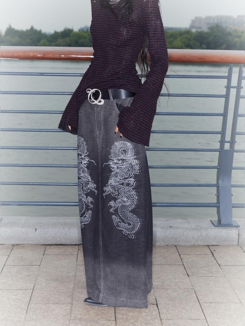 QUORRA S CHORD Gradient Wash Flying Dragon Print Slit Low Rise A Line Women&