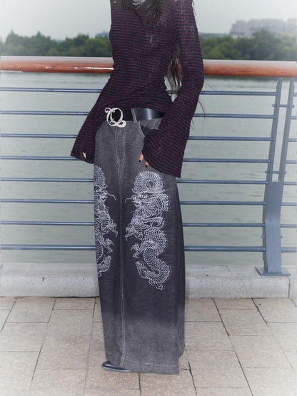 QUORRA S CHORD Gradient Wash Flying Dragon Print Slit Low Rise A Line Women&