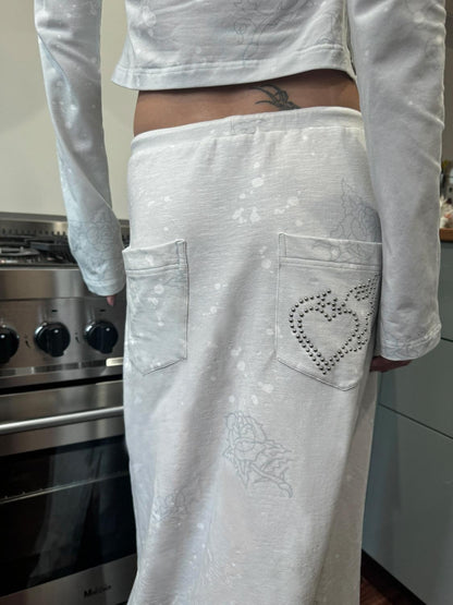 QUORRA S CHORD Gray Blue Punk Handpainted Tattoo Rose Rhinestone Distressed Women&