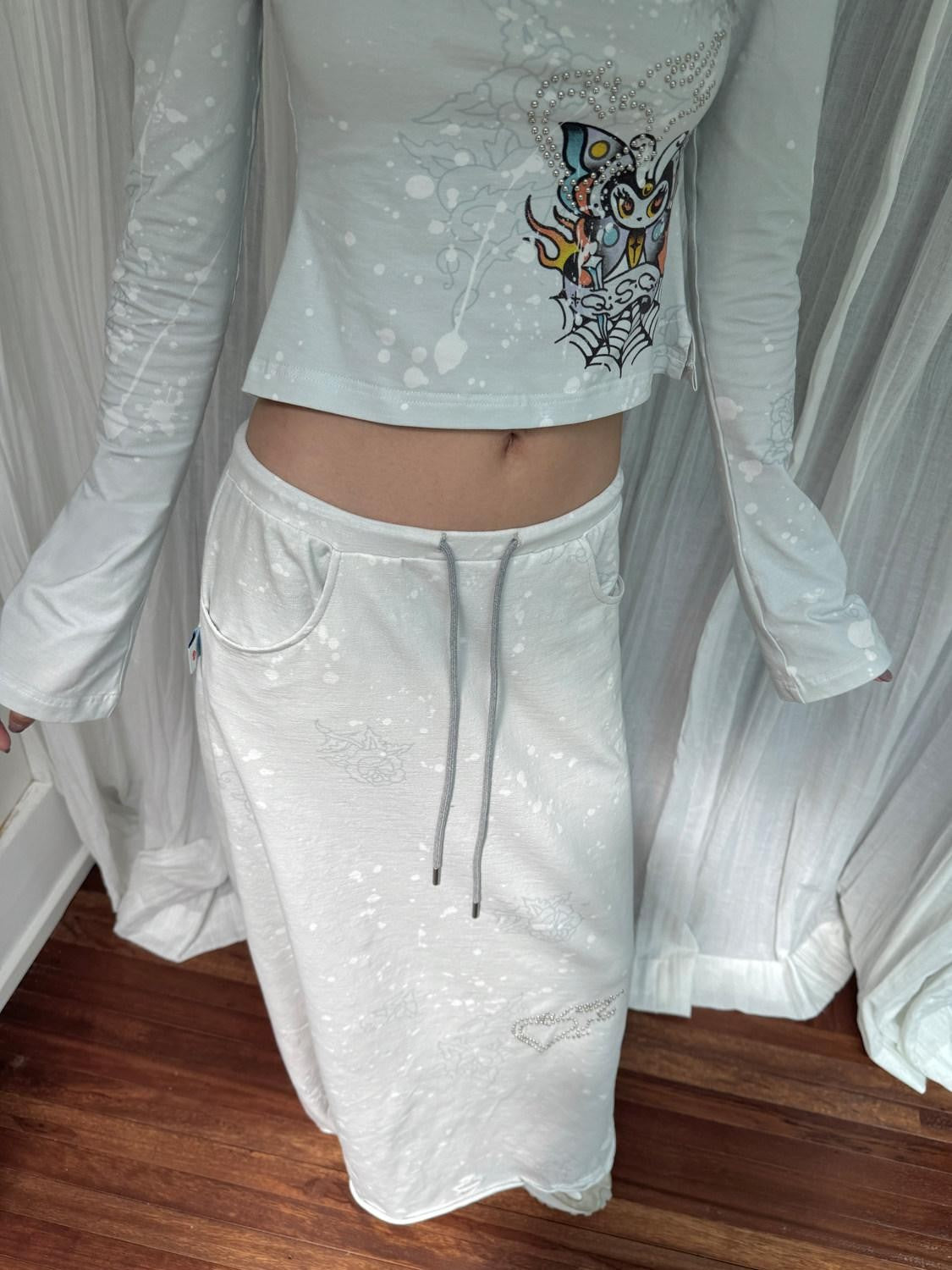 QUORRA S CHORD Gray Blue Punk Handpainted Tattoo Rose Rhinestone Distressed Women&