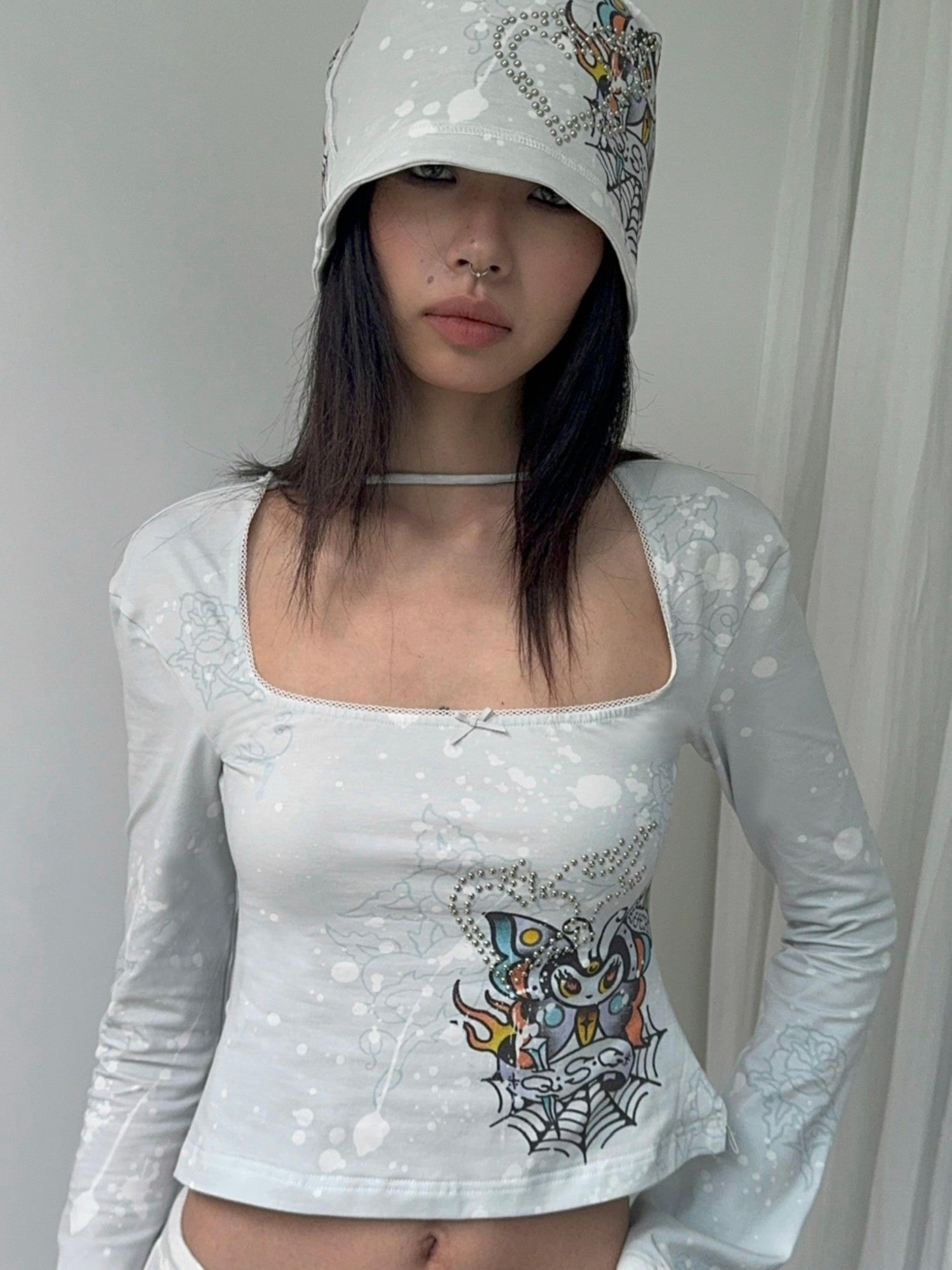 QUORRA S CHORD Gray Blue Punk Rose Tattoo Handpainted Rhinestone Women&