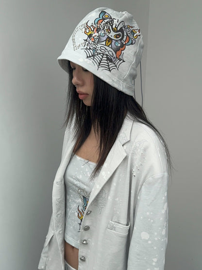 QUORRA S CHORD Gray Blue Punk Rose Tattoo Handpainted Rhinestone Women&