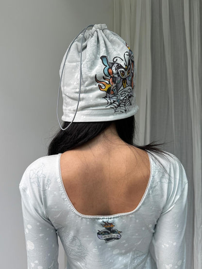 QUORRA S CHORD Gray Blue Punk Rose Tattoo Handpainted Rhinestone Women&