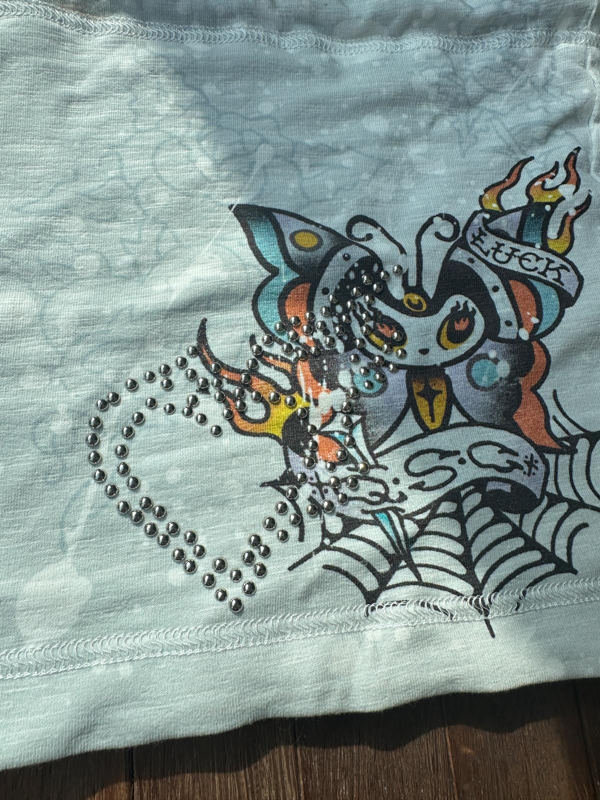 QUORRA S CHORD Gray Blue Punk Rose Tattoo Handpainted Rhinestone Women&