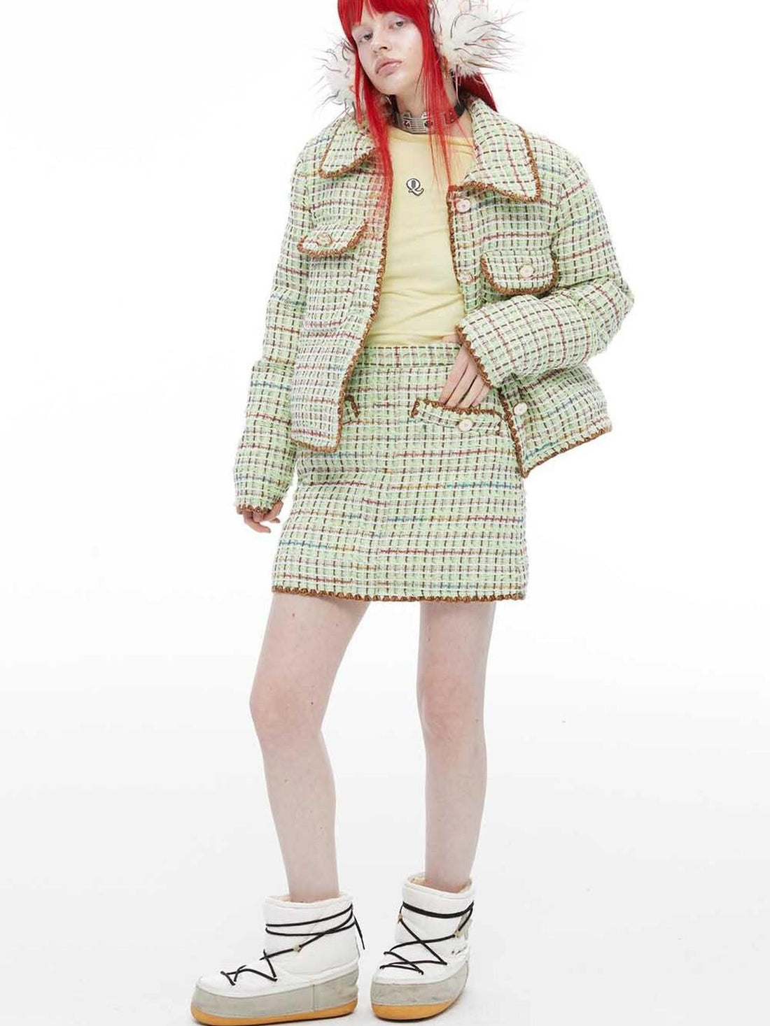 QUORRA S CHORD Green Boucle Knit Floral Button Quilted Padded Women&