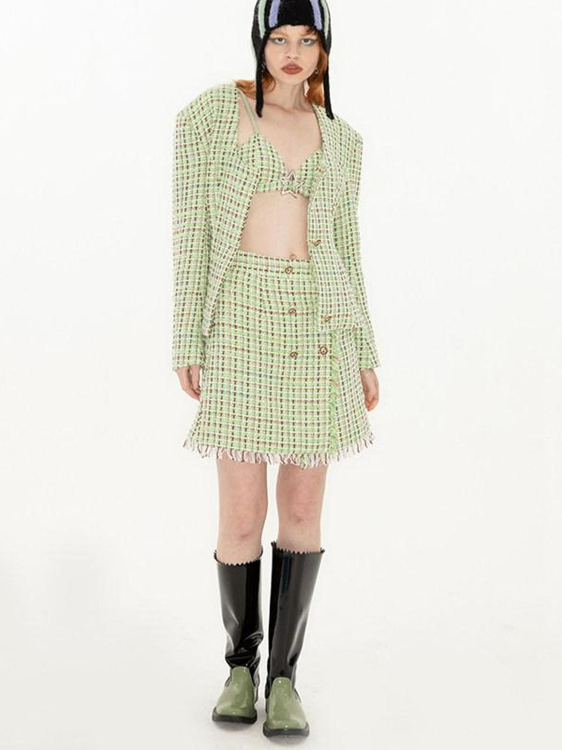 QUORRA S CHORD Green Vintage Woven Boucle Frayed Hem Women&