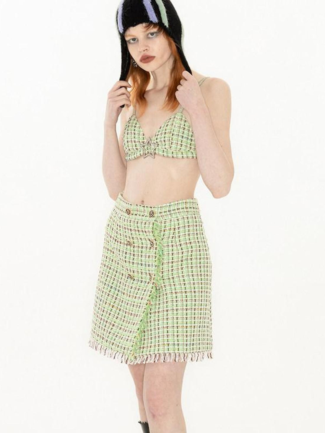 QUORRA S CHORD Green Vintage Woven Boucle Frayed Hem Women&