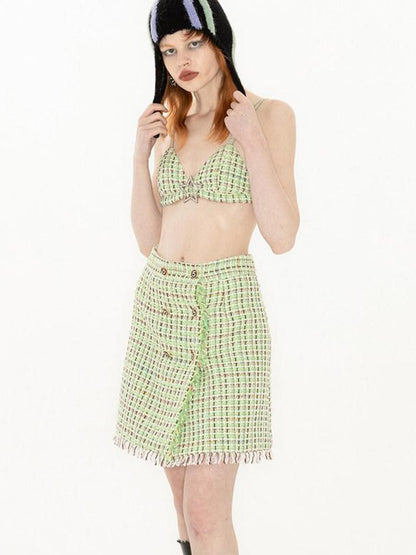 QUORRA S CHORD Green Vintage Woven Boucle Frayed Hem Women&