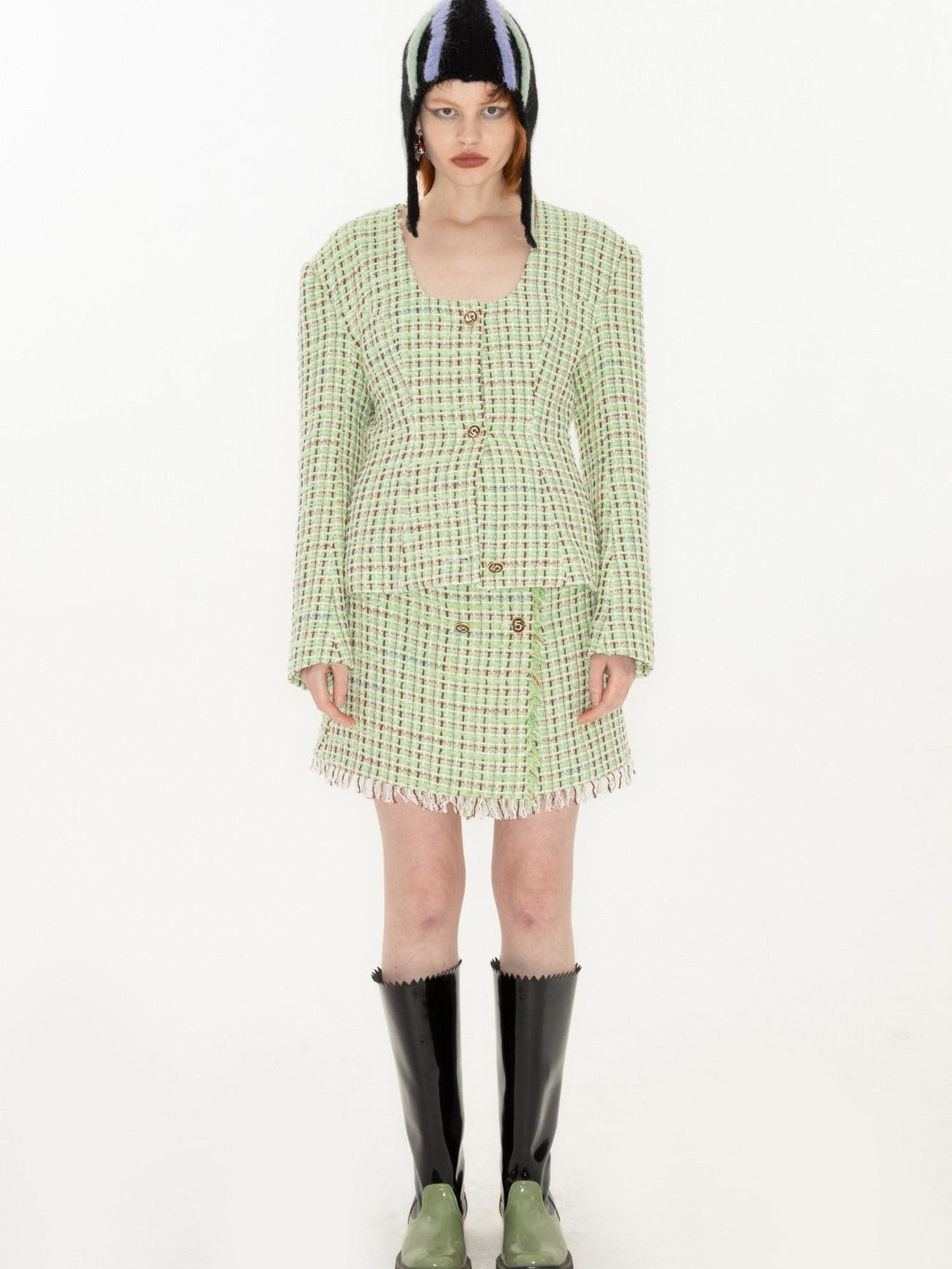 QUORRA S CHORD Green Vintage Woven Boucle Frayed Hem Women&