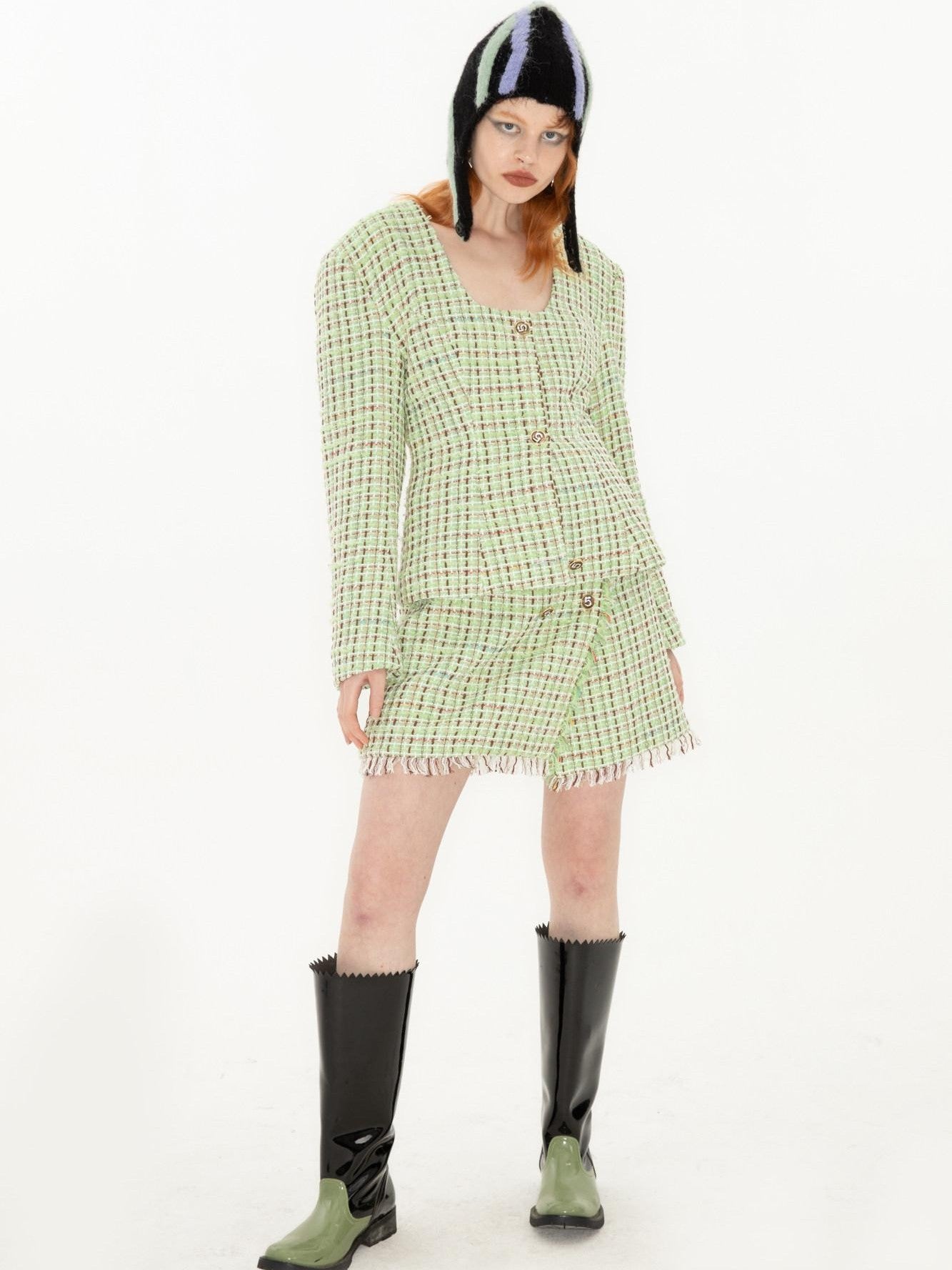 QUORRA S CHORD Green Vintage Woven Boucle Frayed Hem Women&