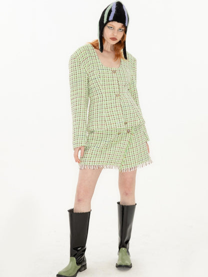 QUORRA S CHORD Green Vintage Woven Boucle Frayed Hem Women&