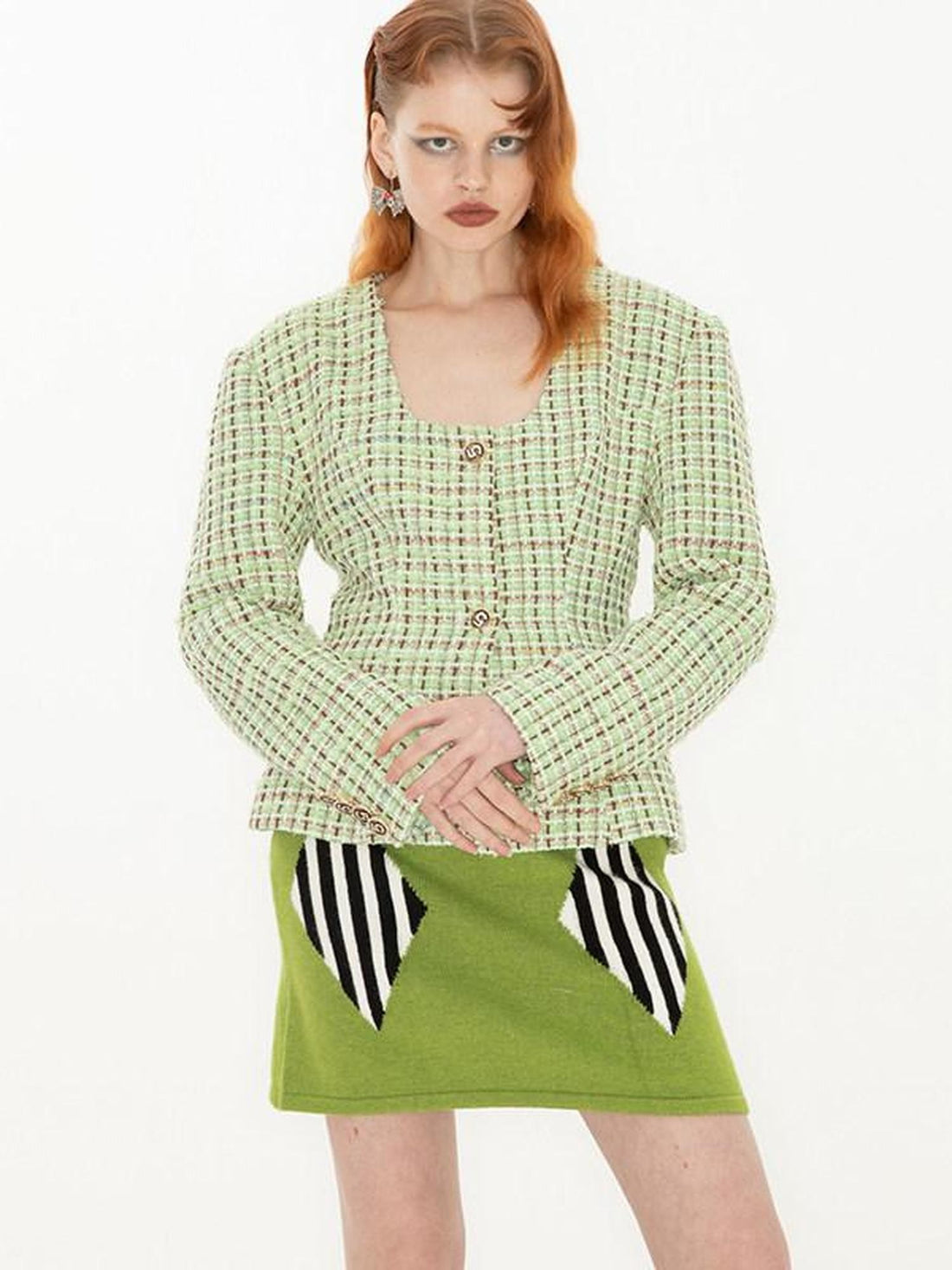 QUORRA S CHORD Green Vintage Woven Square Neck Waist Cinched Women&