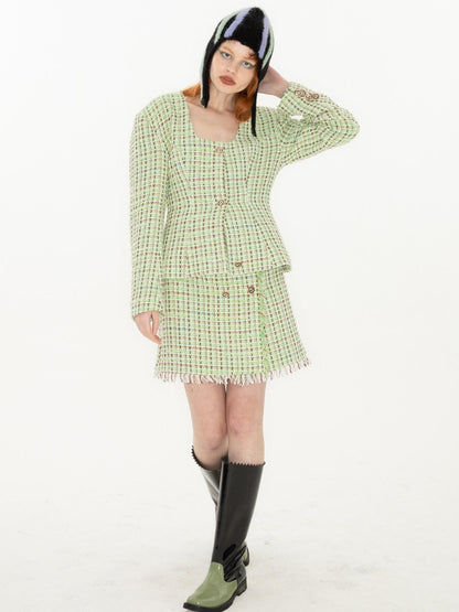 QUORRA S CHORD Green Vintage Woven Square Neck Waist Cinched Women&