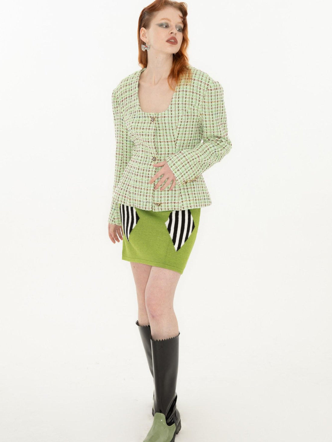 QUORRA S CHORD Green Vintage Woven Square Neck Waist Cinched Women&