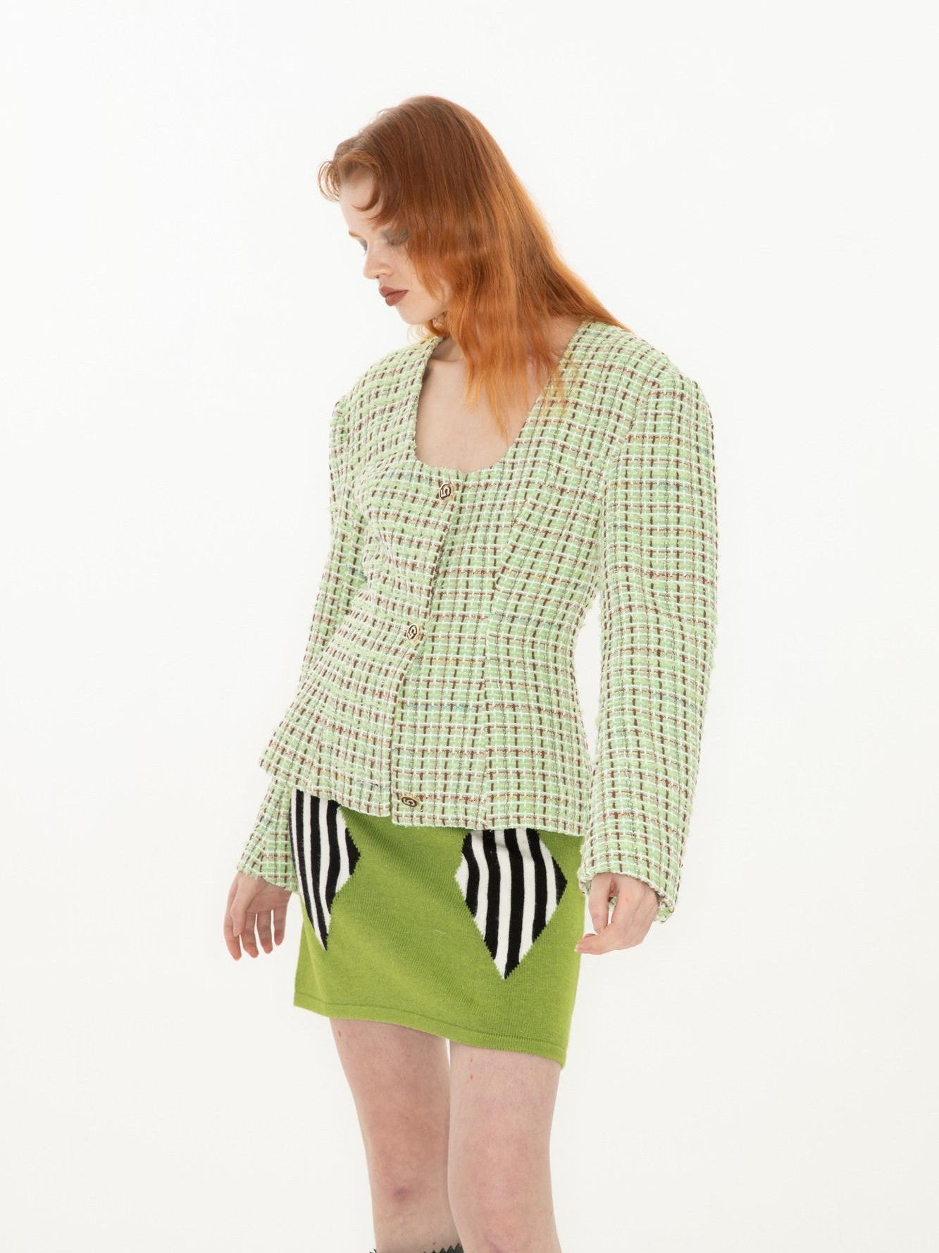 QUORRA S CHORD Green Vintage Woven Square Neck Waist Cinched Women&