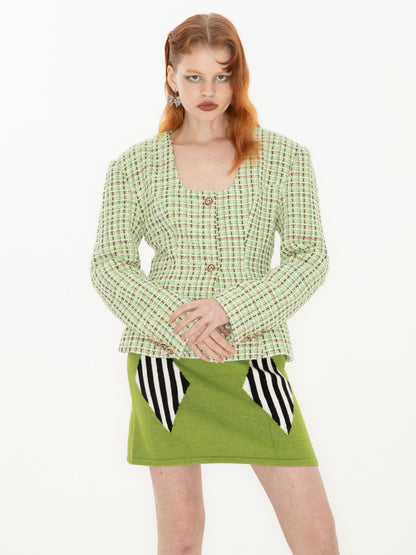 QUORRA S CHORD Green Vintage Woven Square Neck Waist Cinched Women&