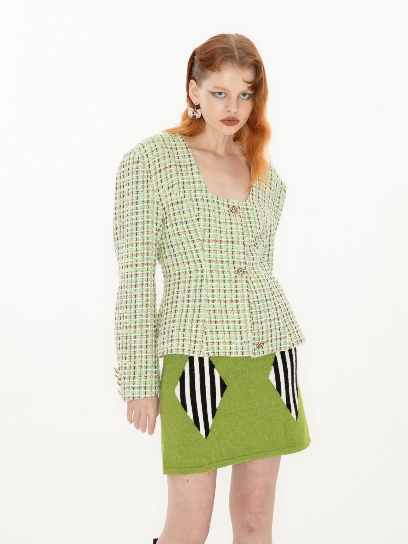 QUORRA S CHORD Green Vintage Woven Square Neck Waist Cinched Women&