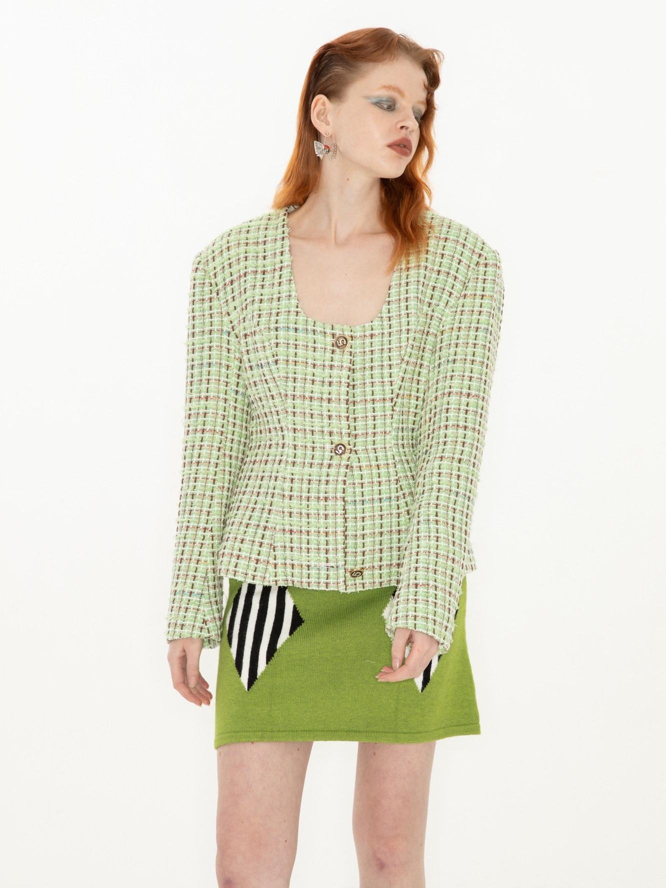 QUORRA S CHORD Green Vintage Woven Square Neck Waist Cinched Women&