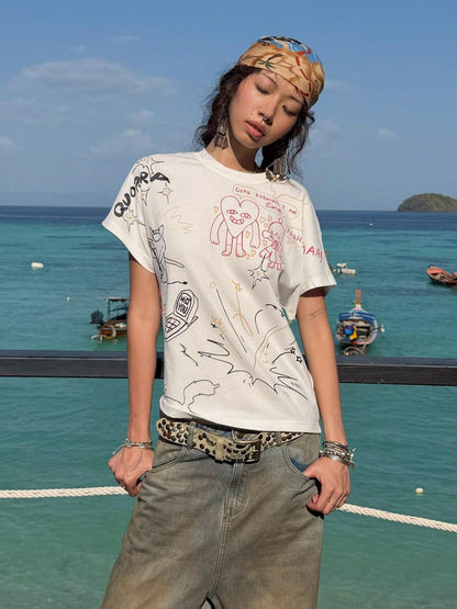 QUORRA S CHORD Hand Painted Doodle Crewneck Print Women&