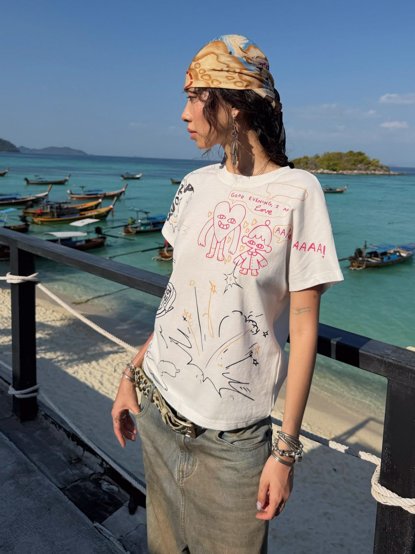 QUORRA S CHORD Hand Painted Doodle Crewneck Print Women&
